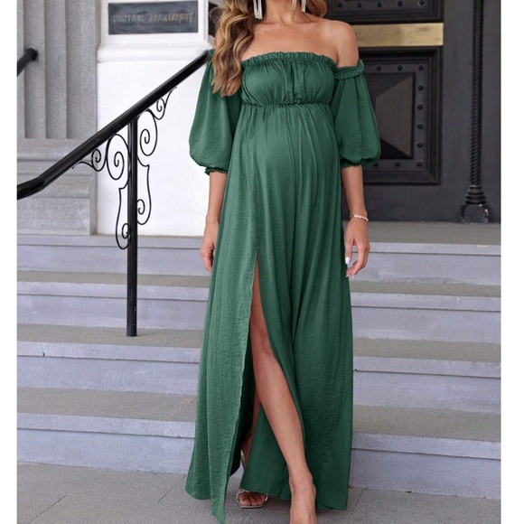 Maternity Off Shoulder 3/4 Sleeve Split Leg Party Occasion Maxi Dress - Picture 8 of 11